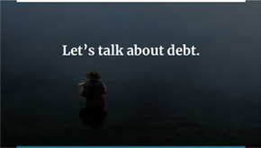 cover of the final pitch presentation showing someone fishing with the words let's talk about debt