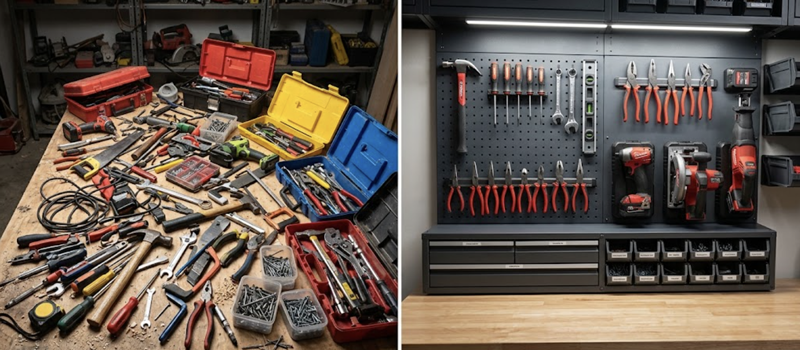 a before and after image, showing tools all over the place and then in one organized place, easy to access