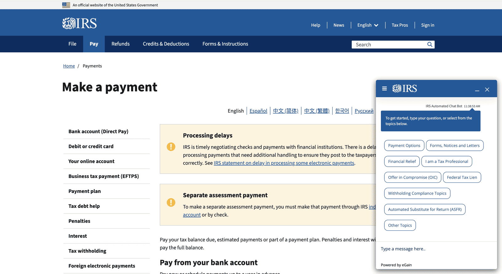IRS.gov Payments page with the chatbot in focus